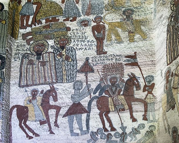 smgva_ET_x2356_g Mounted King Fasilidas (17th century) killing his enemies, servants holding an umbrella and a banner are surrounding him, fresco in the orthodox rock-hewn...