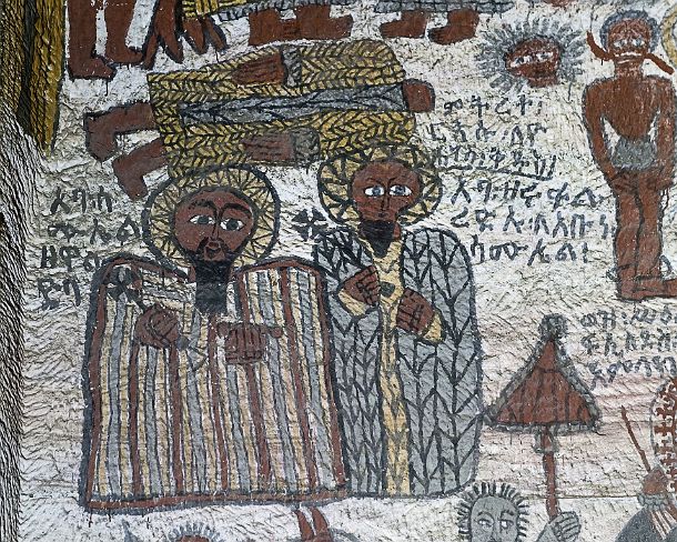 smgva_ET_x2362_g Below the decapitated John the Baptist Abba Samuel and his disciple Abba Zarufael (right), fresco in the orthodox rock-hewn church Johannes Maeqaddi, Gheralta,...