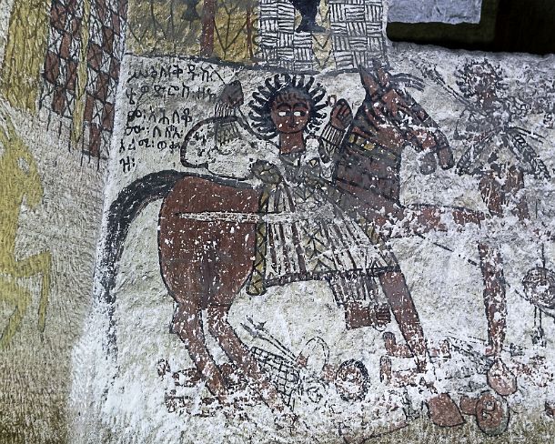 smgva_ET_x2368_g Saint Theodore the Roman (Tewodros Romawi), mounting a horse is killing the enemies of the Christs, fresco in the orthodox rock-hewn church Johannes Meaquddi,...